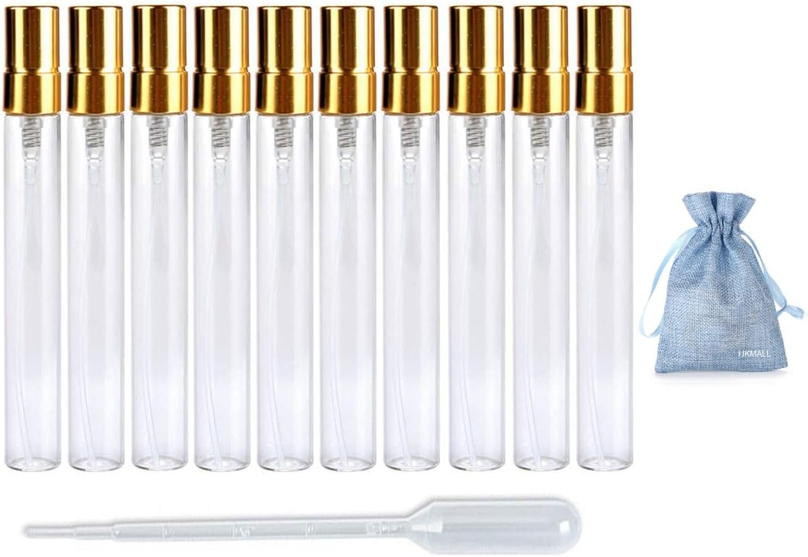 10pcs Slim Fine Mist 0.3 fl oz 13oz Gold Atomizer Botella de vidrio transparente Frasco Spray Fragancia líquida recargable Perfume Botella de aroma