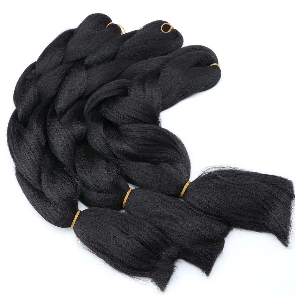 Extensiones de cabello de trenzas jumbo, 3 unidades, color negro puro, 24 pulgadas, 3.53 ozunidad para trenzado de caja torcida (1B negro)