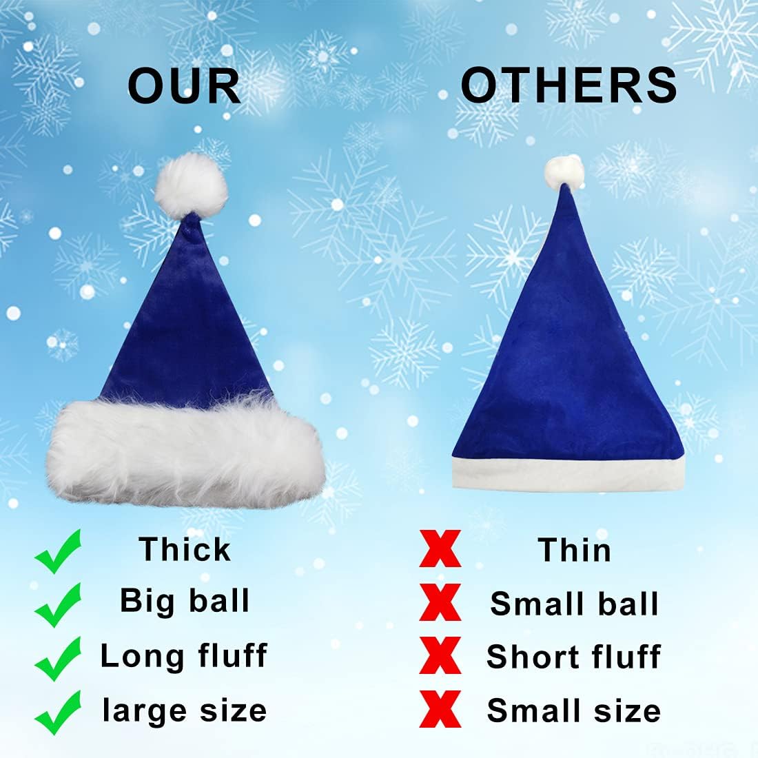 LOMIMOS Sombrero de Papá Noel de Navidad, sombrero de felpa de terciopelo azul para adultos, decoración del hogar, suministros de fiesta