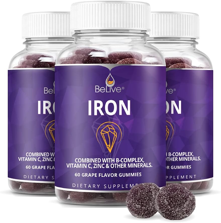 BeLive Gomitas de hierro, suplemento multivitamínico de hierro con vitamina C, A, B y zinc, apoya el oxígeno en sangre, suplementos de hierro vegano