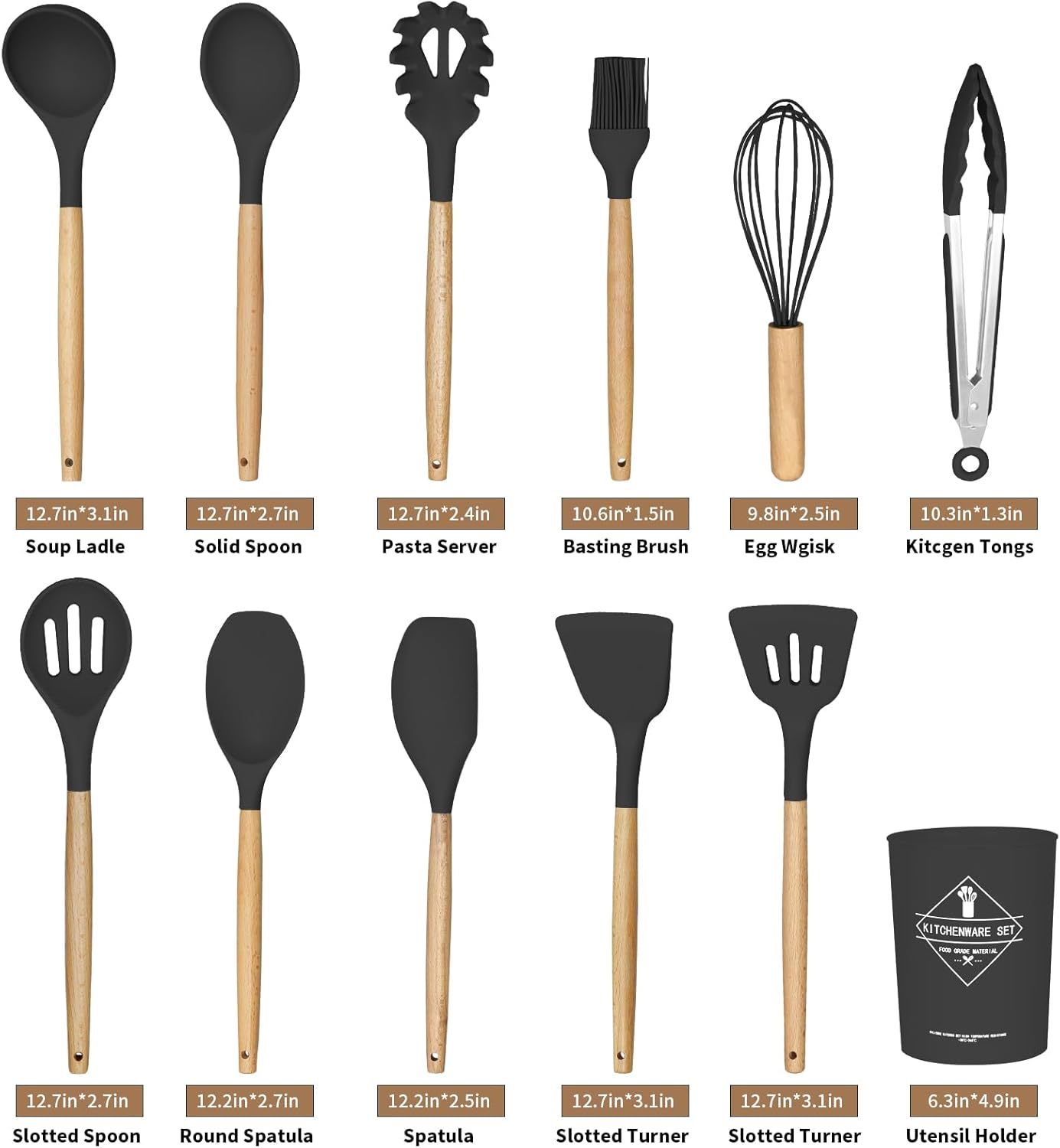 Juego de utensilios de cocina de silicona, 12 piezas, juego de utensilios de cocina, utensilios de cocina para cocinar mango de madera con soporte