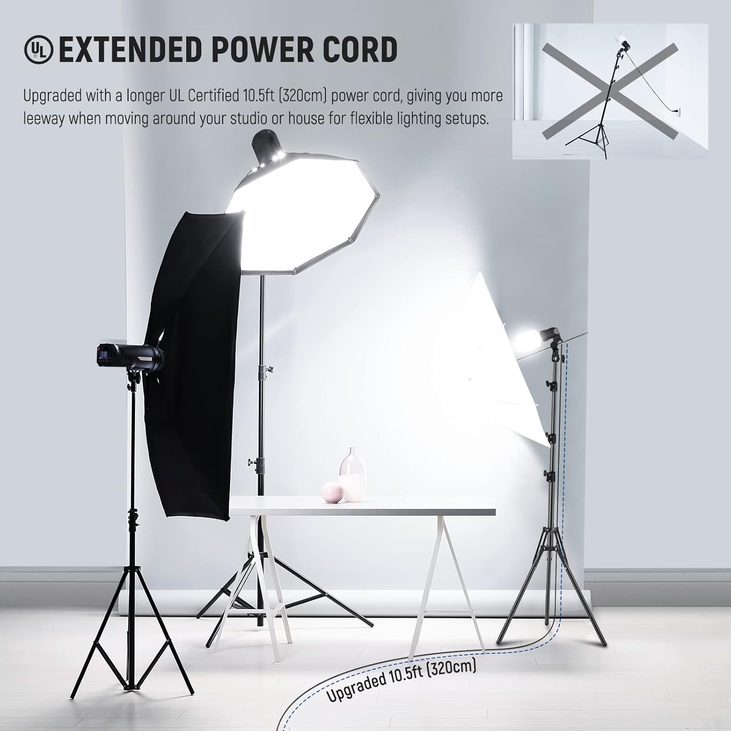 NEEWER E26 E27 Soporte de lámpara de cerámica de CA con soporte de luz, soporte para paraguas, cable de alimentación prolongado de 10.5 pies126.0 in
