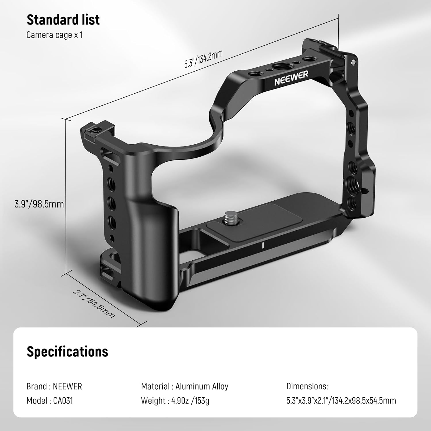 NEEWER Jaula para cámara R50 compatible con Canon EOS R50, plataforma de video de aluminio con riel OTAN, roscas de 14″, agujeros ARRI de 38″,