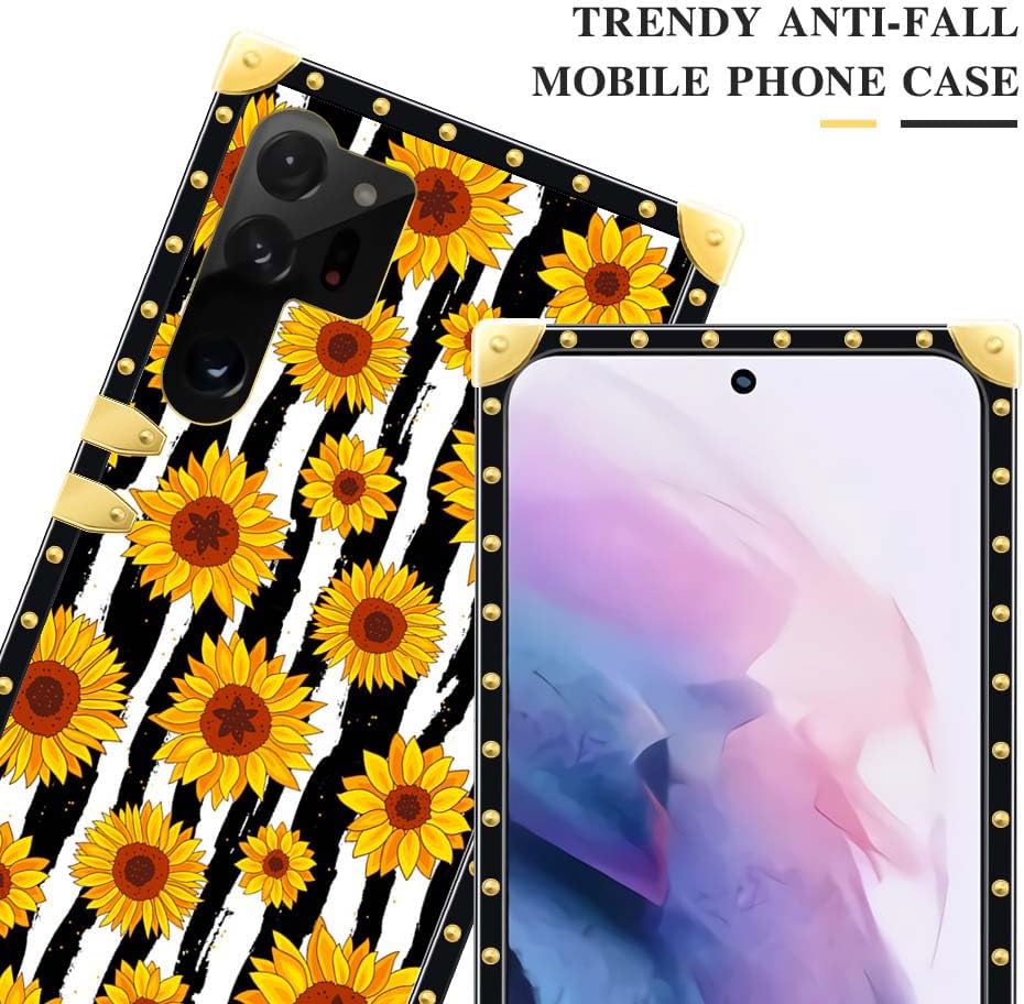 Funda compatible con Samsung Galaxy S23 Ultra, funda cuadrada de girasoles a rayas blancas y negras para niña, de metal de lujo, decorativa, suave