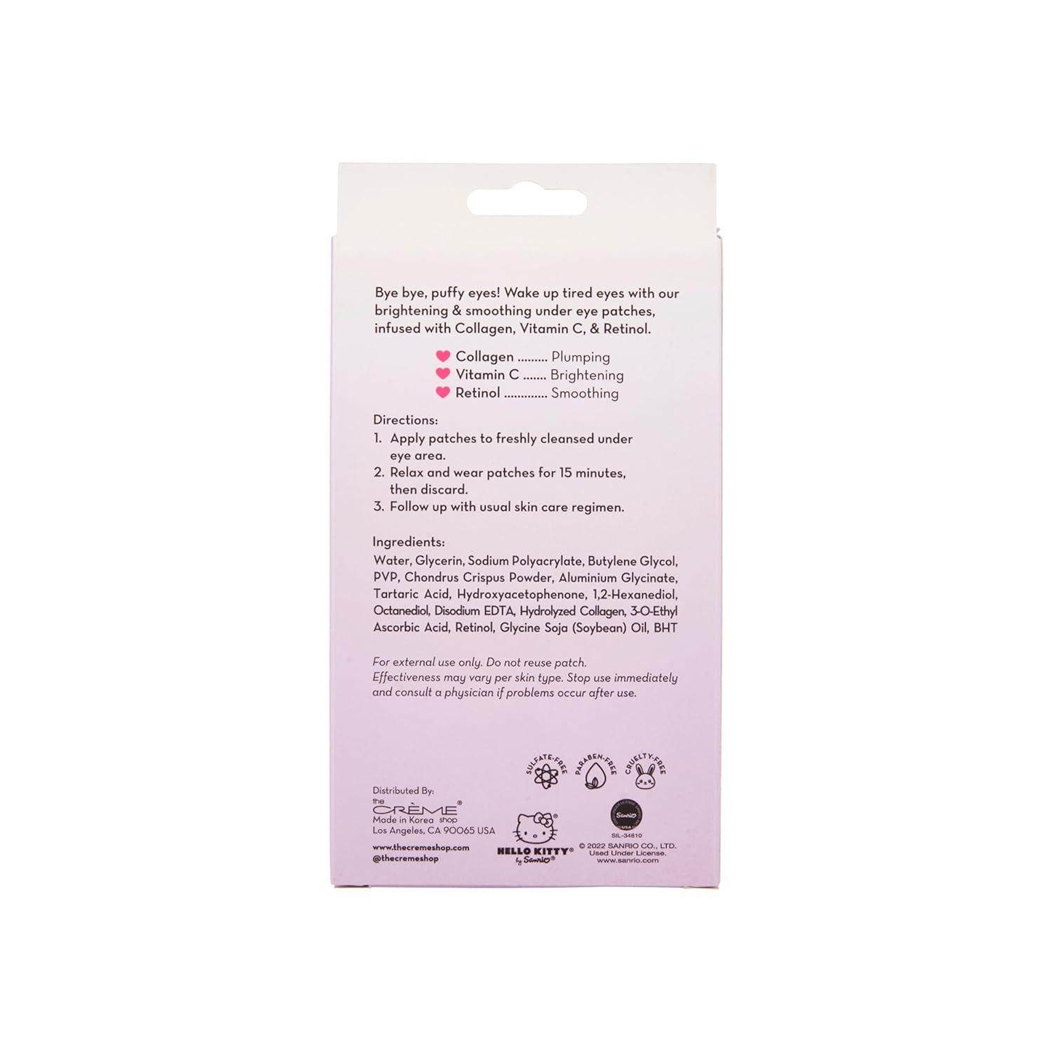 The Crème Shop Hello Kitty Bye Bye – Parches para debajo de los ojos, máscara coreana para ojos, 3 pares