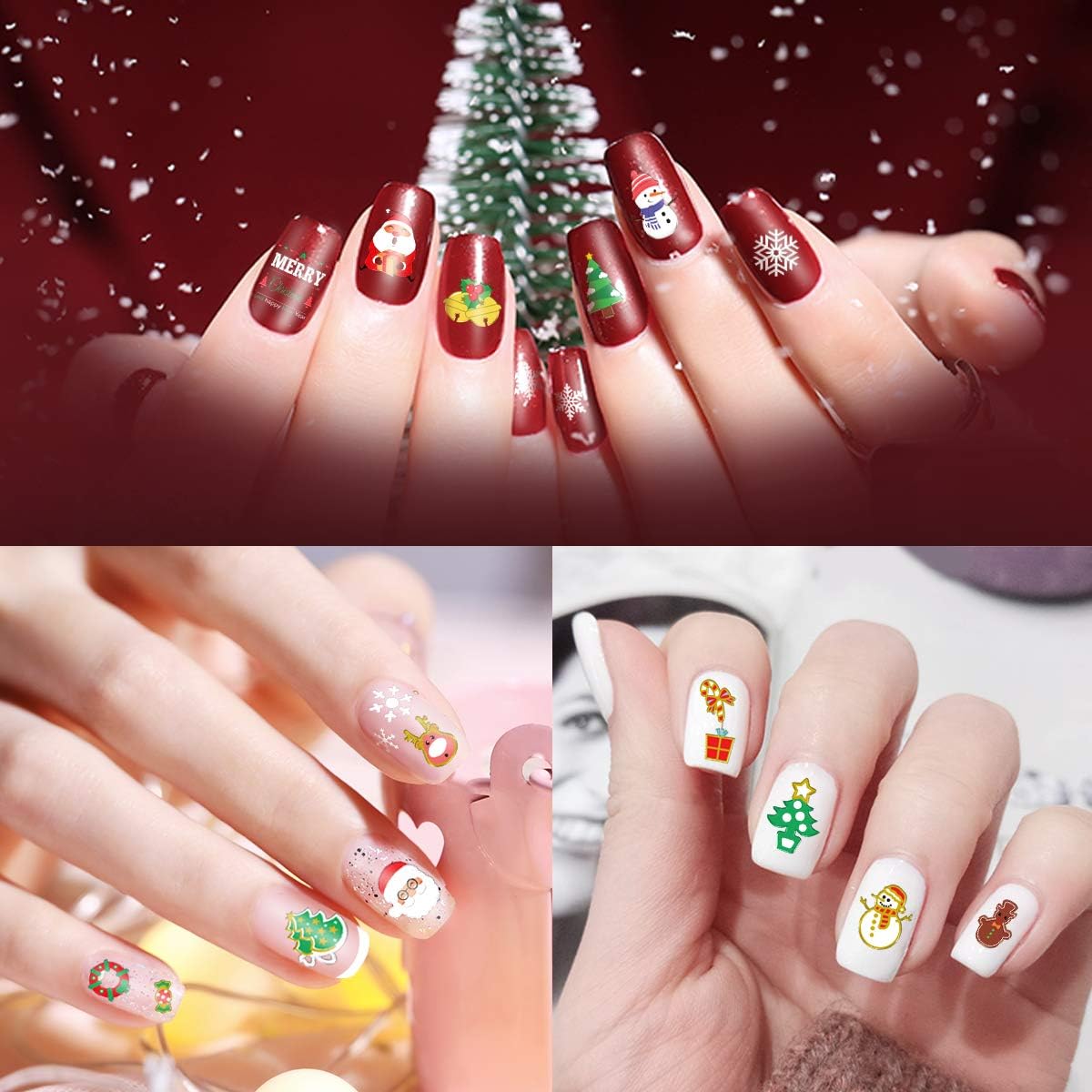 Calcomanías de uñas de Navidad, 12 hojas de calcomanías de arte de uñas, adhesivo 3D, copos de nieve de Navidad, patrón de bastón de caramelo, arte