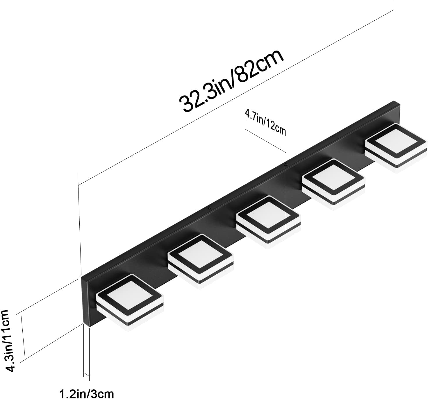 Ralbay Moderna luz LED negra para tocador, 5 luces, luces LED modernas para tocador de baño, espejo largo, acrílico, arriba y abajo, negro mate,