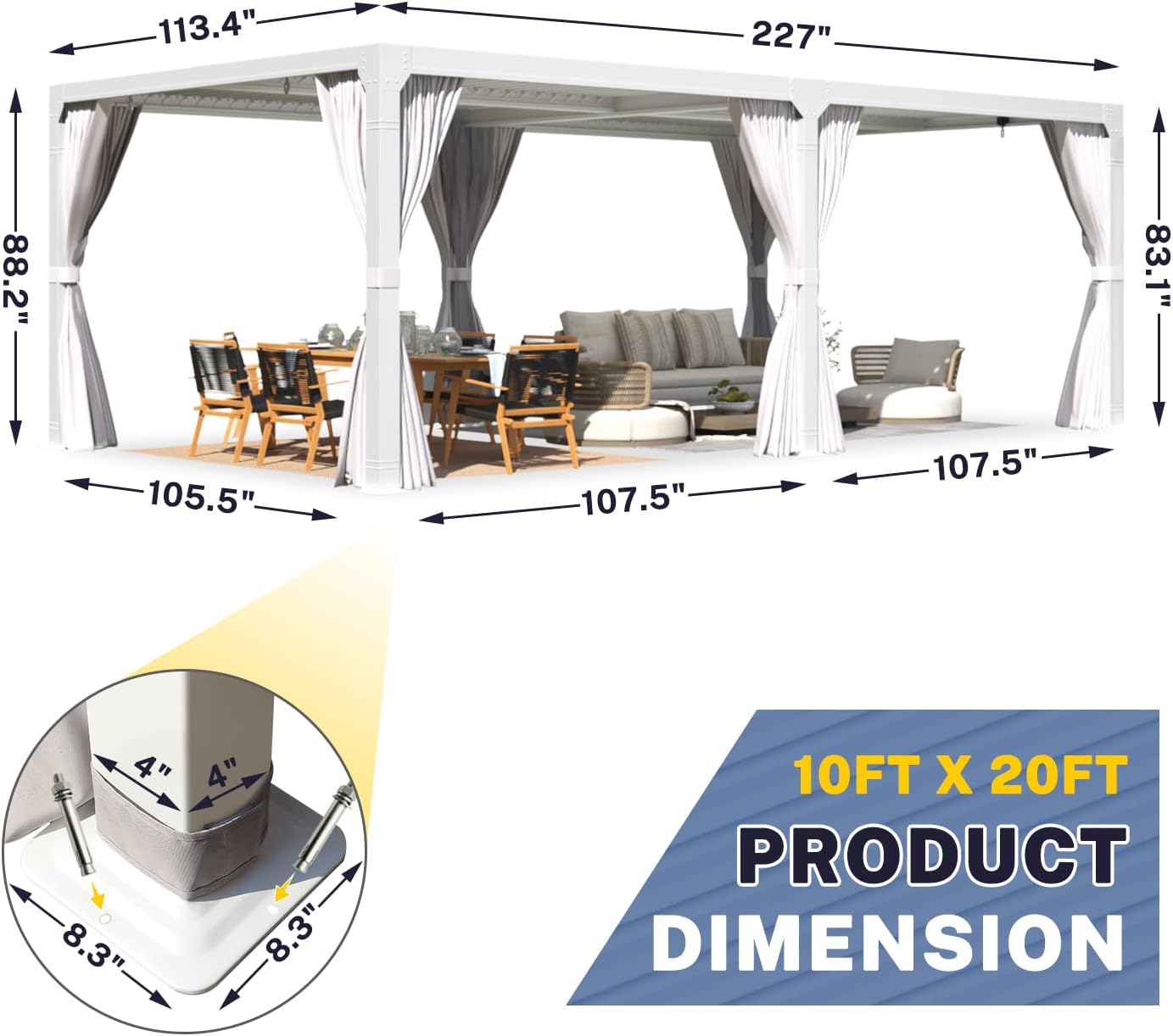MELLCOM Pérgola con listones 10×20, pérgola de aluminio con techo de listones ajustables, pérgola para exteriores con cortinas y redes impermeables,