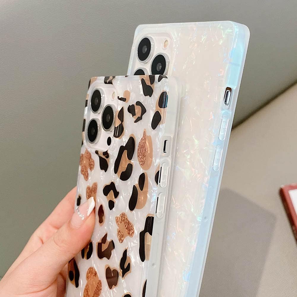 KERZZIL Funda rectangular de lujo compatible con iPhone 12 Pro Max, funda delgada con purpurina brillante, patrón de perla de poliuretano