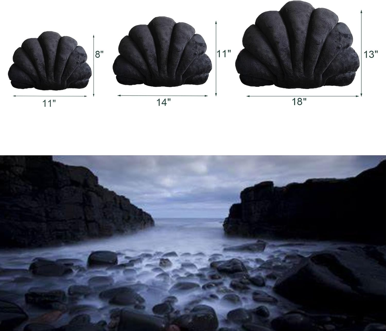 YRXRUS Almohada de concha, almohada negra con forma de concha de mar, almohada en forma de concha de patio, serie Accent Ocean, cojín de terciopelo