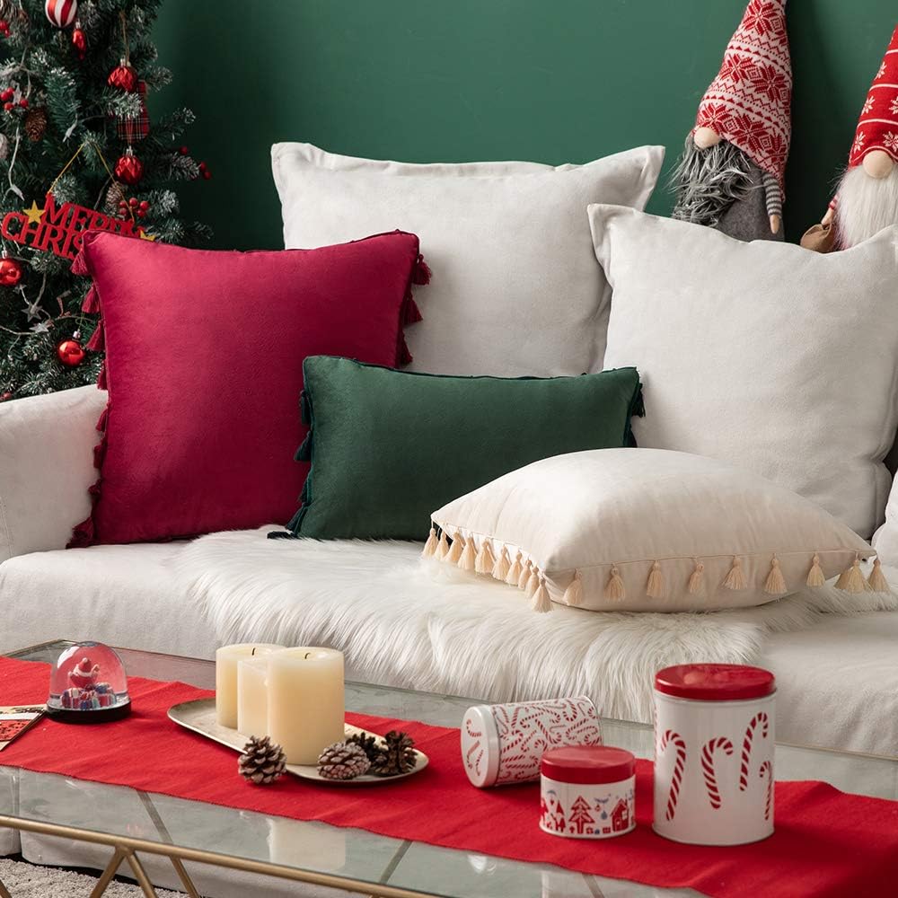 MIULEE – Paquete de 2 fundas de cojín decorativas lisas, de terciopelo suave con borlas y flecos, decoración bohemia para sillón, cama, sofá, de