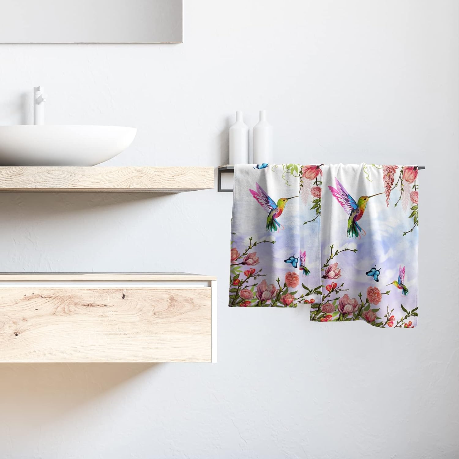 Juego de 2 toallas de mano florales rosas con diseño de mariposa de colibrí, suaves, absorbentes, para invitados, cocina, cocina, spa, hogar,