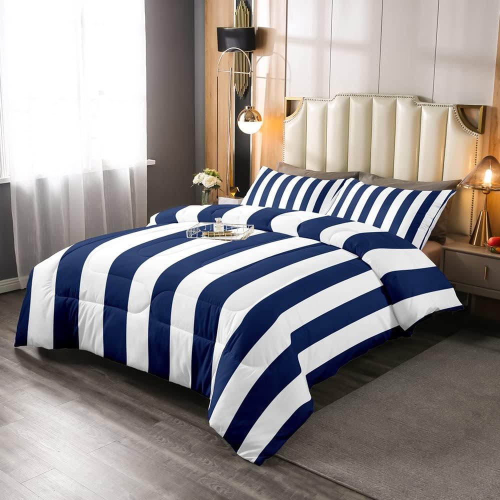 Juego de ropa de cama a rayas azules y blancas para niños, tamaño individual, color azul marino, juego de edredón de rayas verticales azul marino,