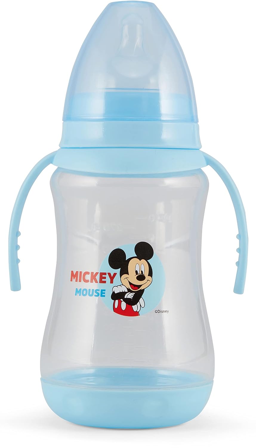 Disney Paquete de 2 biberones de 10 onzas con estampados de personajes y fundas de colores con doble asa, sin BPA y fácil de limpiar