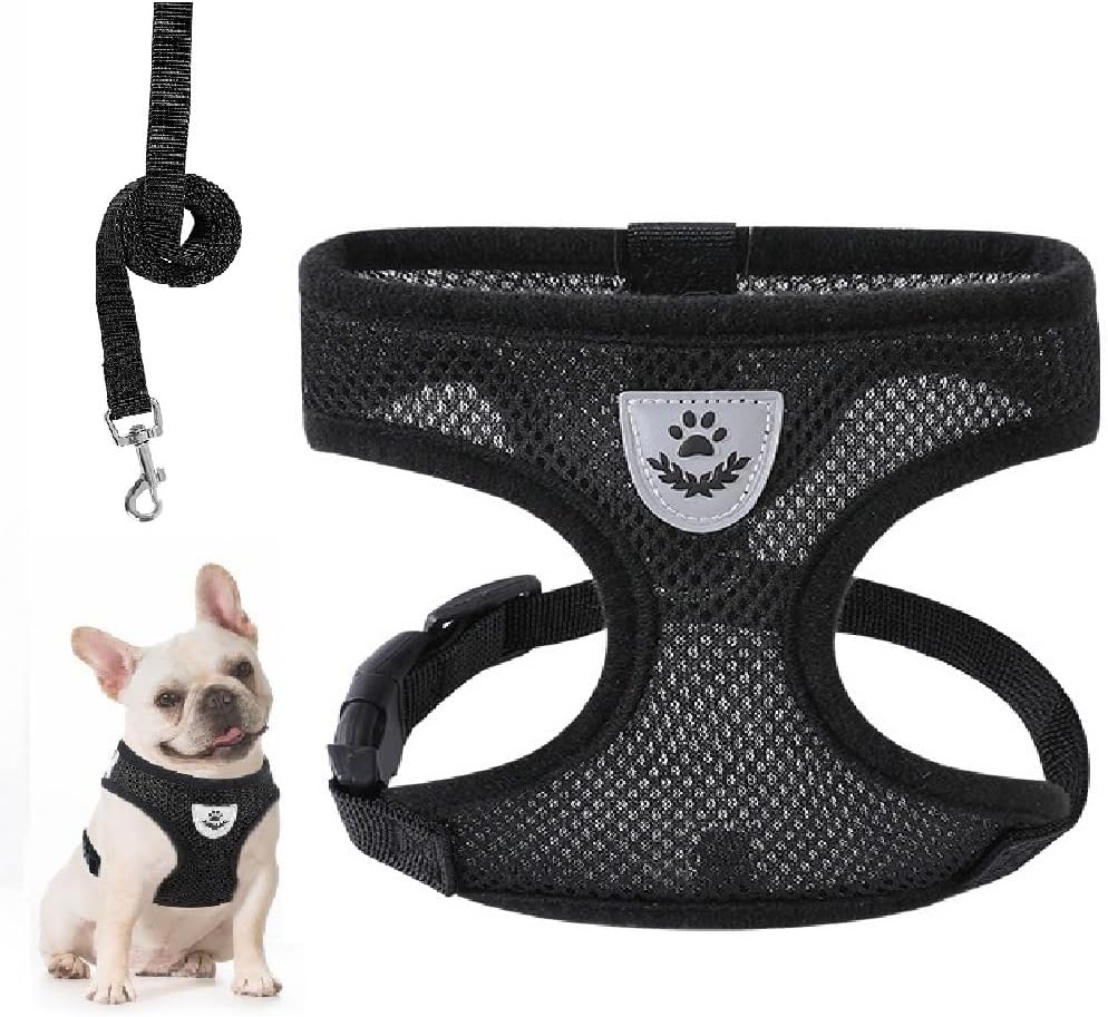 Arnés de malla suave para perro con correa sin tirones, chaleco acolchado cómodo para mascotas pequeñas, gatos y cachorros, negro, S