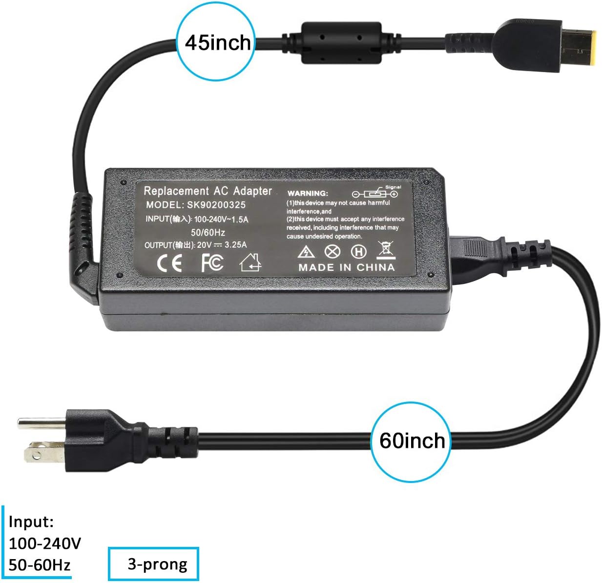 LQM Adaptador de CA de 20V 3.25A 65W USB-C Tip Cargador de Reemplazo para Lenovo Yoga 2 11 11s 13 2 Pro, Flex 2 15 15D 14 10, IdeaPad S210 U430