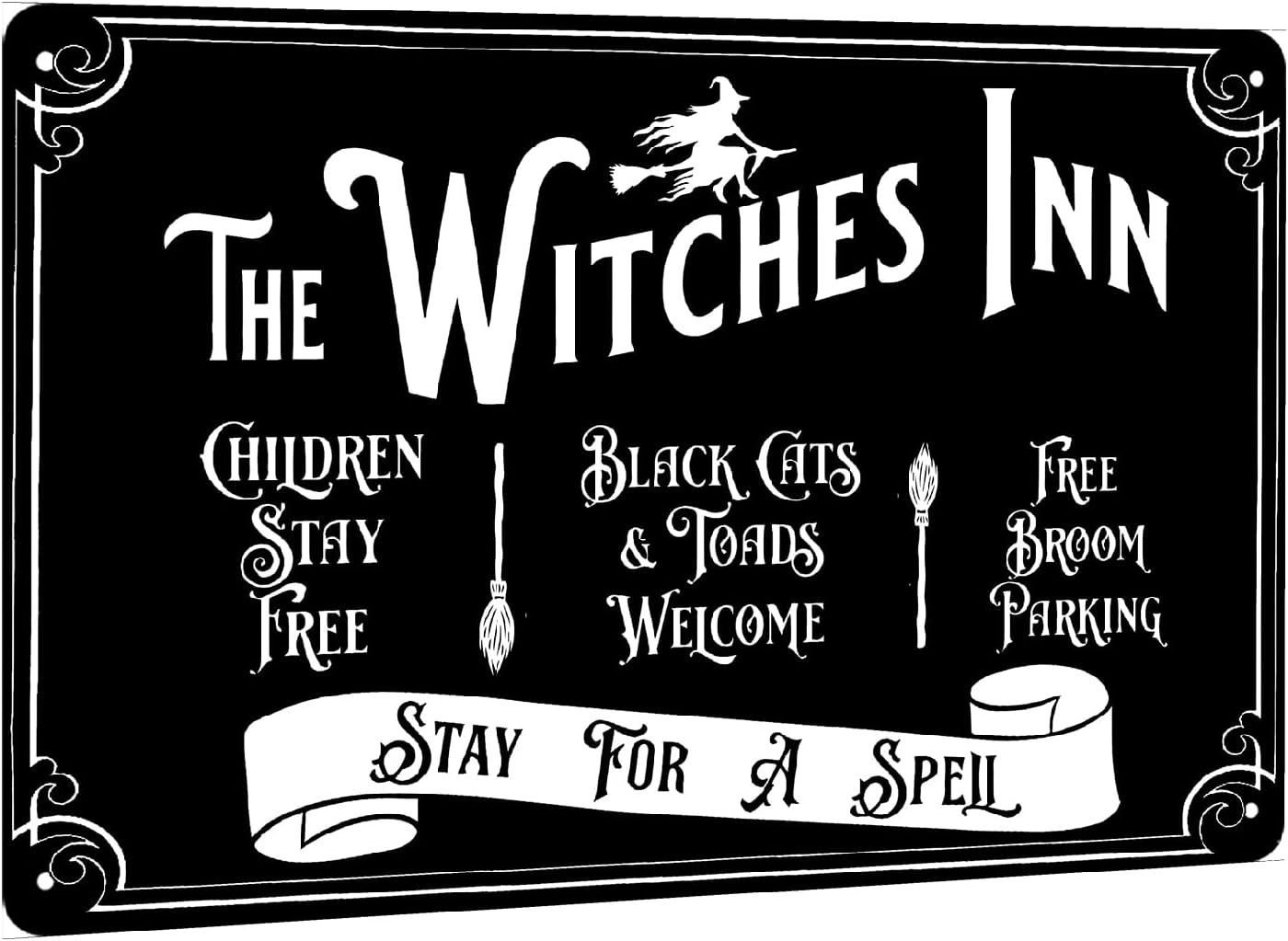 The Wicked Witch Inn Stay for a Spell – Letrero de metal, decoración de cocina de bruja, decoración de fiesta de Halloween, decoración de pared de