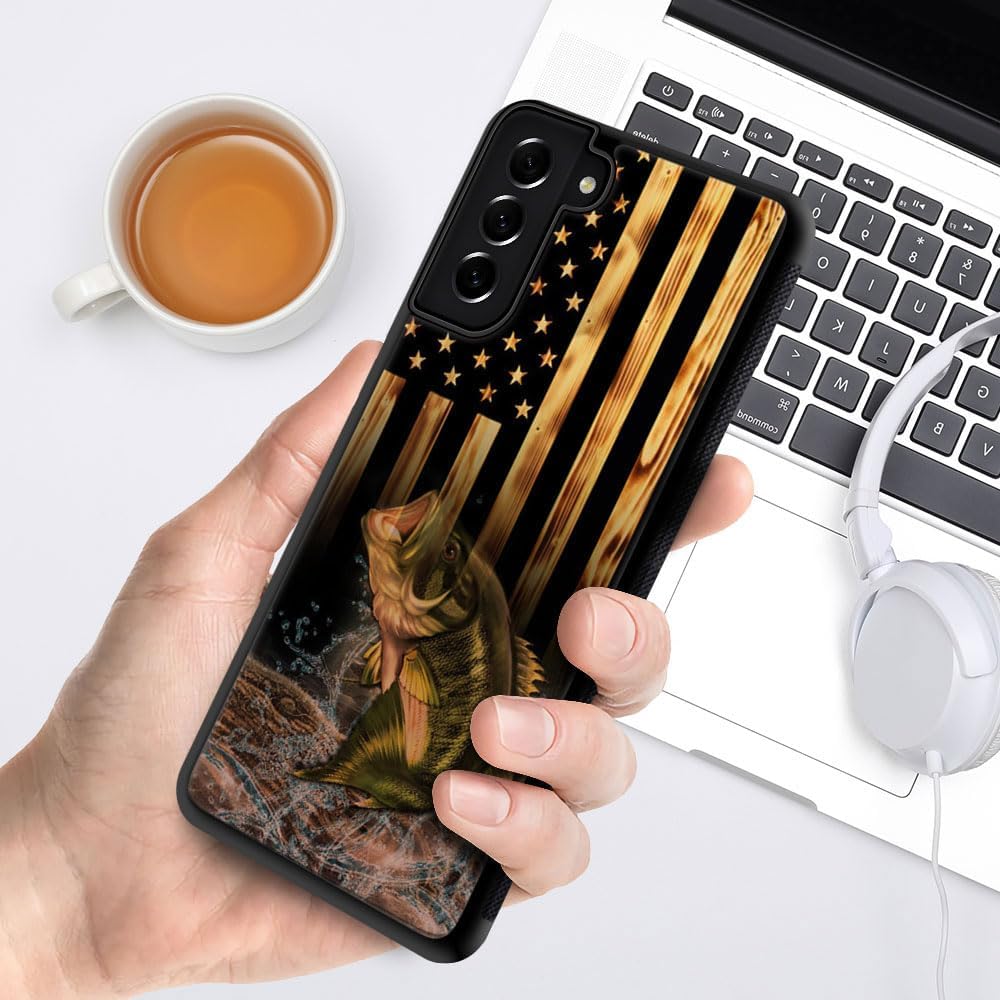 DJSOK Funda compatible con Samsung Galaxy S22 Ultra, diseño de madera con diseño de peces y bandera estadounidense + funda protectora de silicona