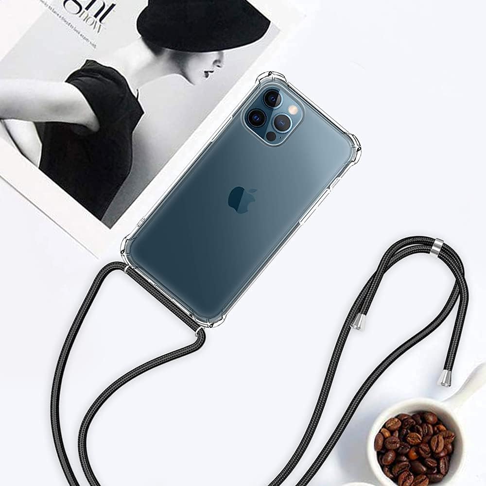 YESPURE Funda transparente para iPhone 12 Pro Max con correa ajustable para el cuello, funda cruzada 12 Pro Max, funda protectora de TPU suave