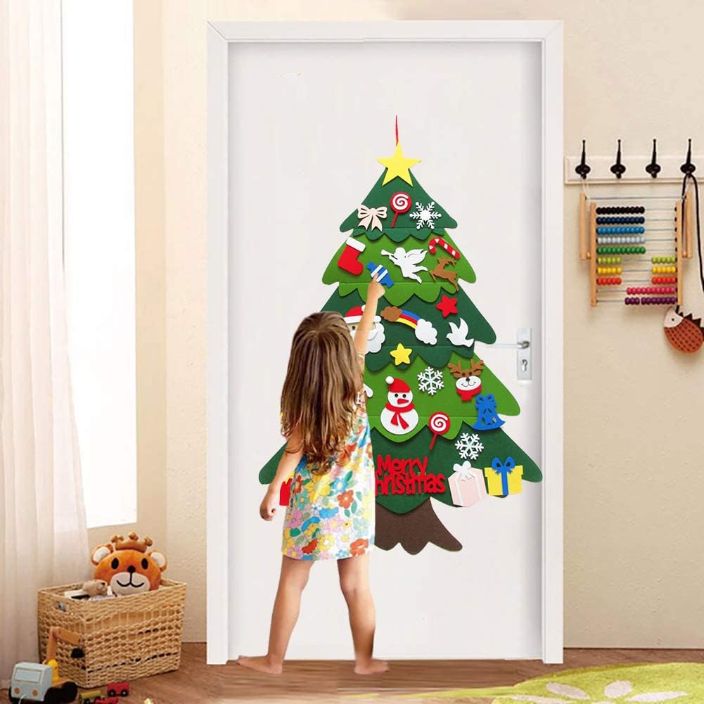 Árbol de Navidad de fieltro para pared de niños, 32 adornos de Navidad desmontables, decoración para colgar en la pared, manualidades de Navidad