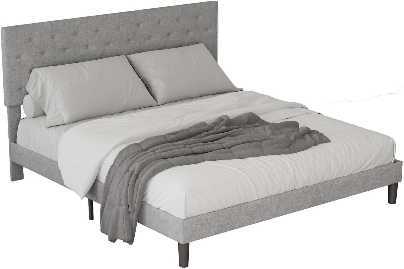 Base de cama tapizada de tamaño matrimonial con cabecera de botón ajustable, base de colchón con soporte de listones de madera, no necesita somier,