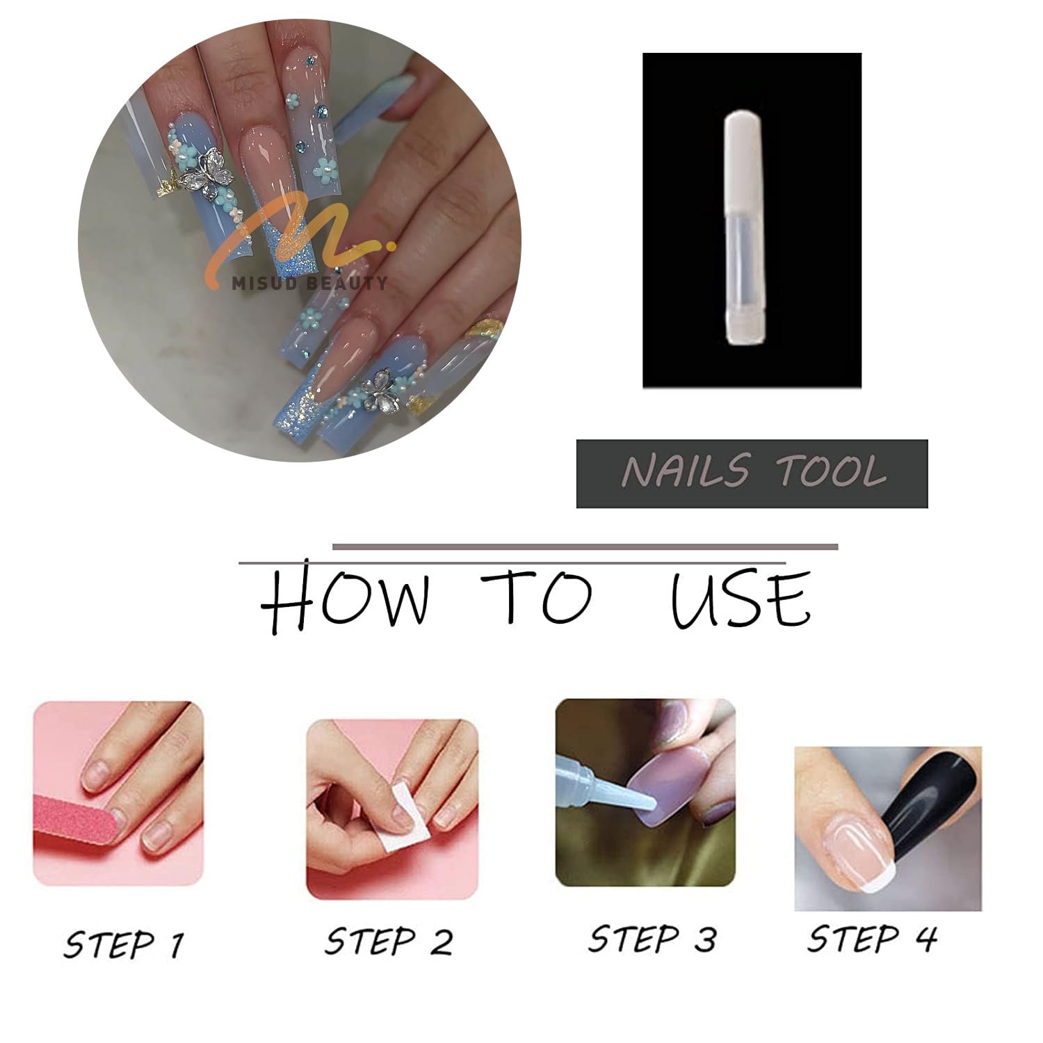 MISUD Uñas postizas cuadradas a presión, largas y cuadradas, brillantes, con pegamento, color azul de verano, uñas acrílicas degradadas con mariposa