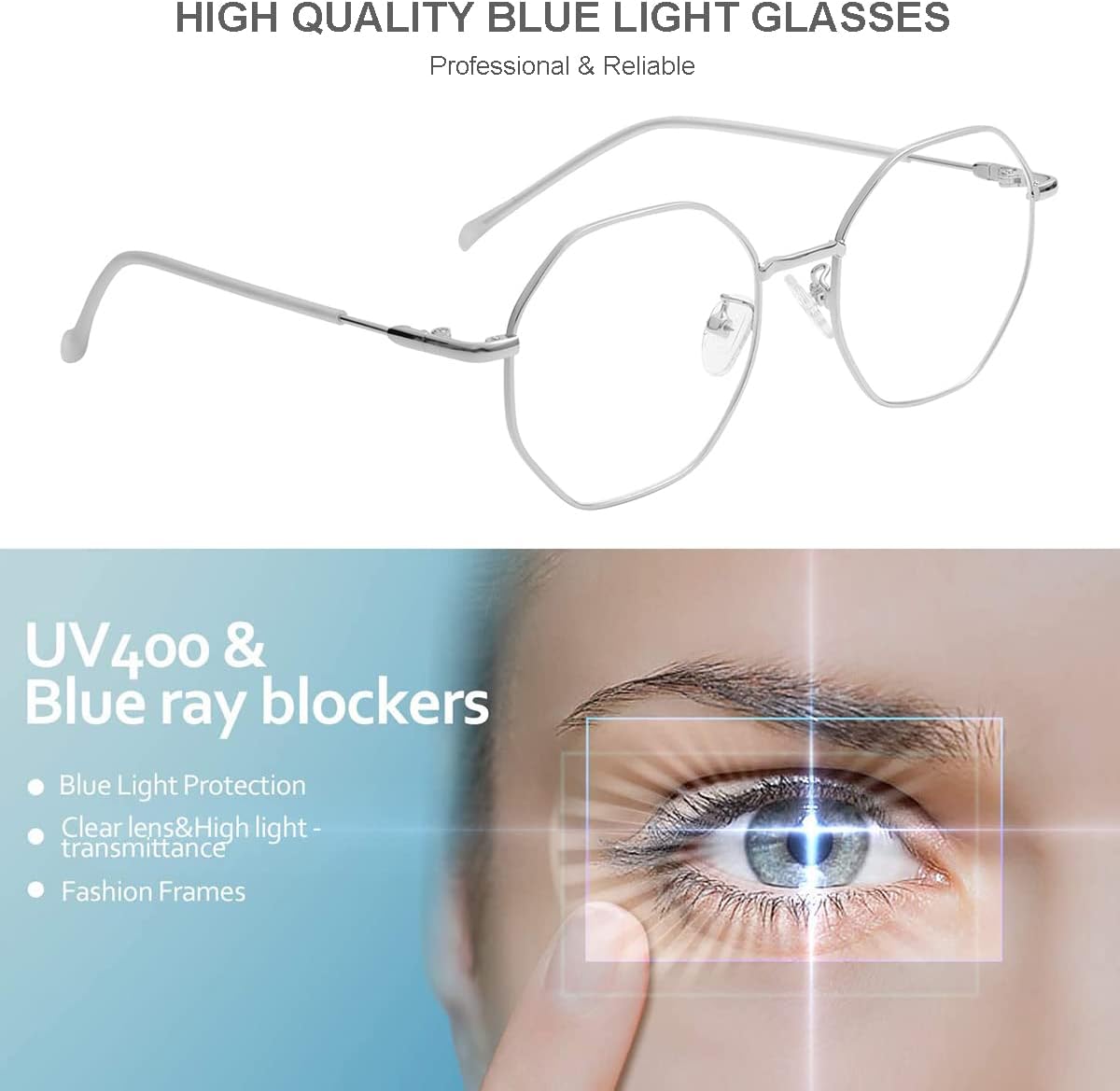 Gleyemor Gafas de luz azul para mujeres y hombres, gafas vintage octogonal con marco de metal para computadora (plateado)
