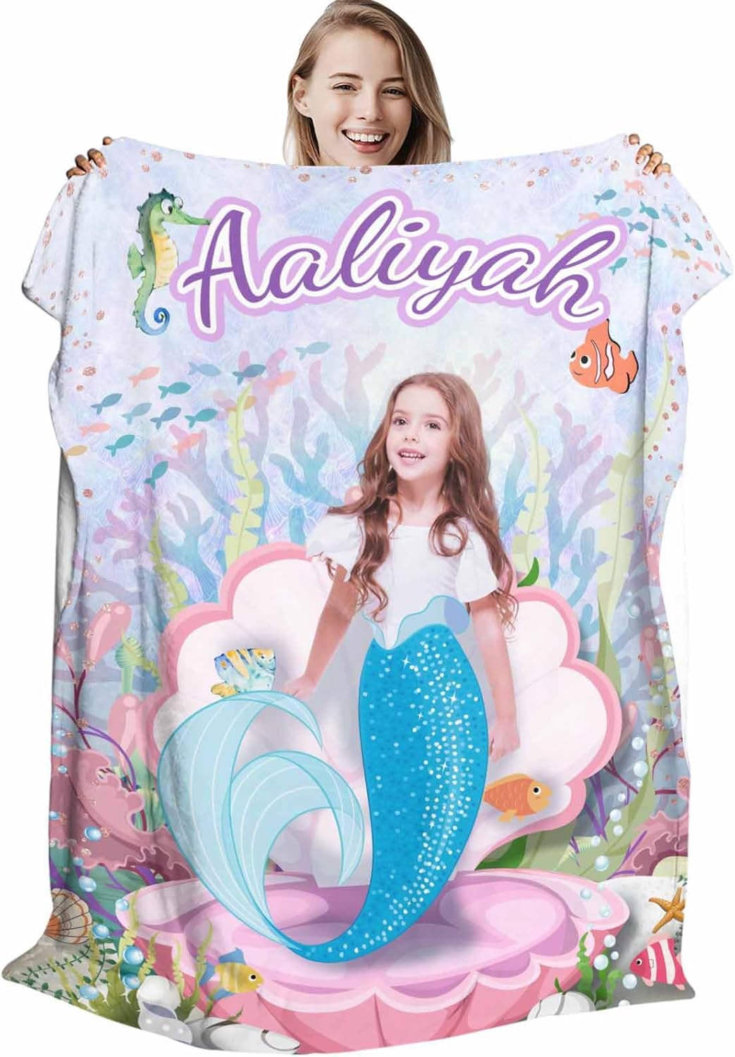 Artsadd Manta de sirena con foto de nombre, regalos personalizados de sirena para niñas, manta de sirena personalizada, regalos para niños y niñas,