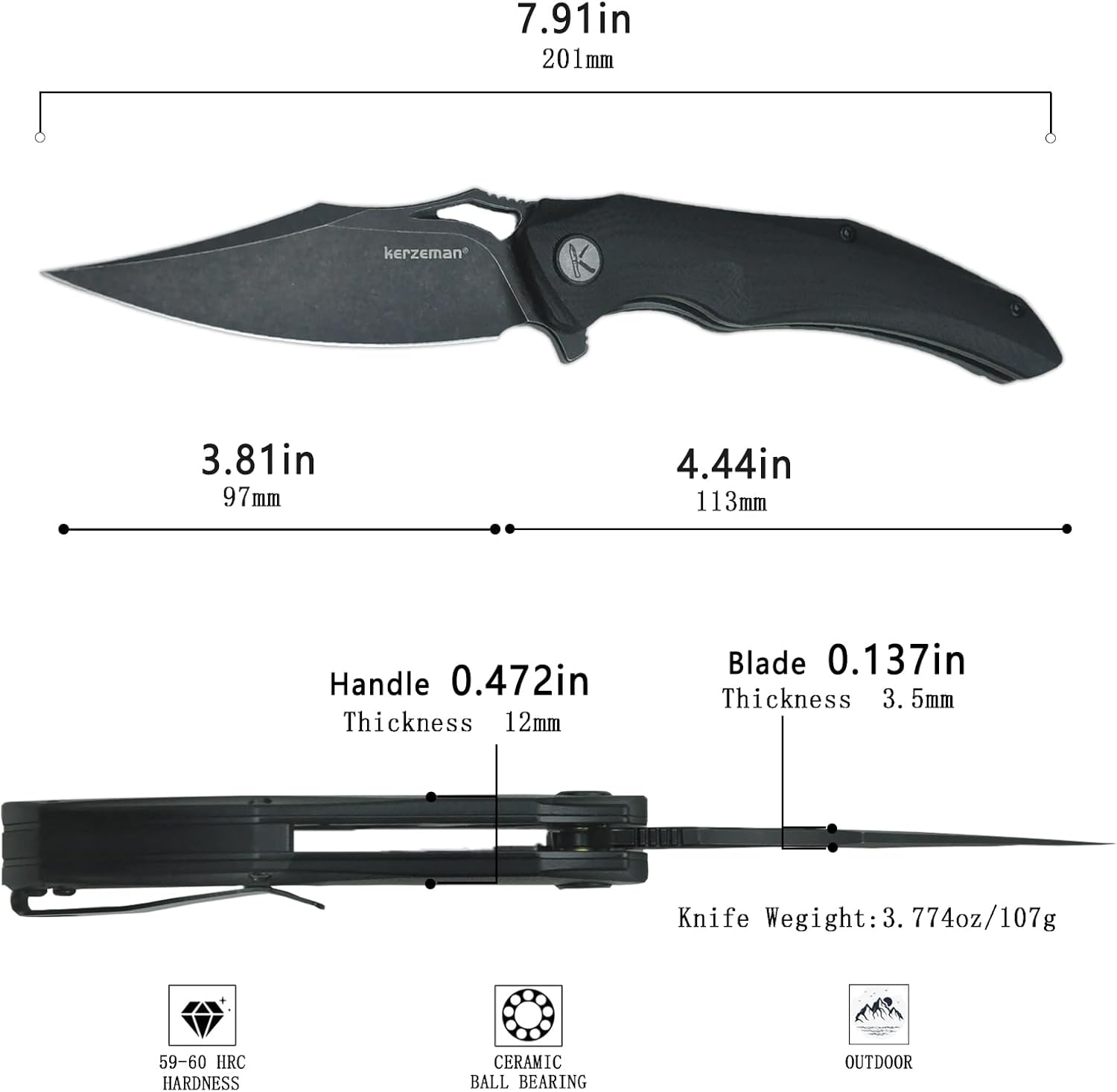 KERZEMAN Cuchillo plegable de bolsillo, 3.81 pulgadas, mango negro lavado a la piedra 14C28N G10, bloqueo de forro, cuchillo utilitario de