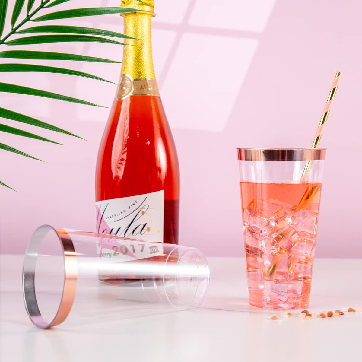 LIYH – 100 vasos de plástico de oro rosa, vasos de plástico con borde de oro rosa de 16 onzas, elegantes tazas de boda de plástico transparente,