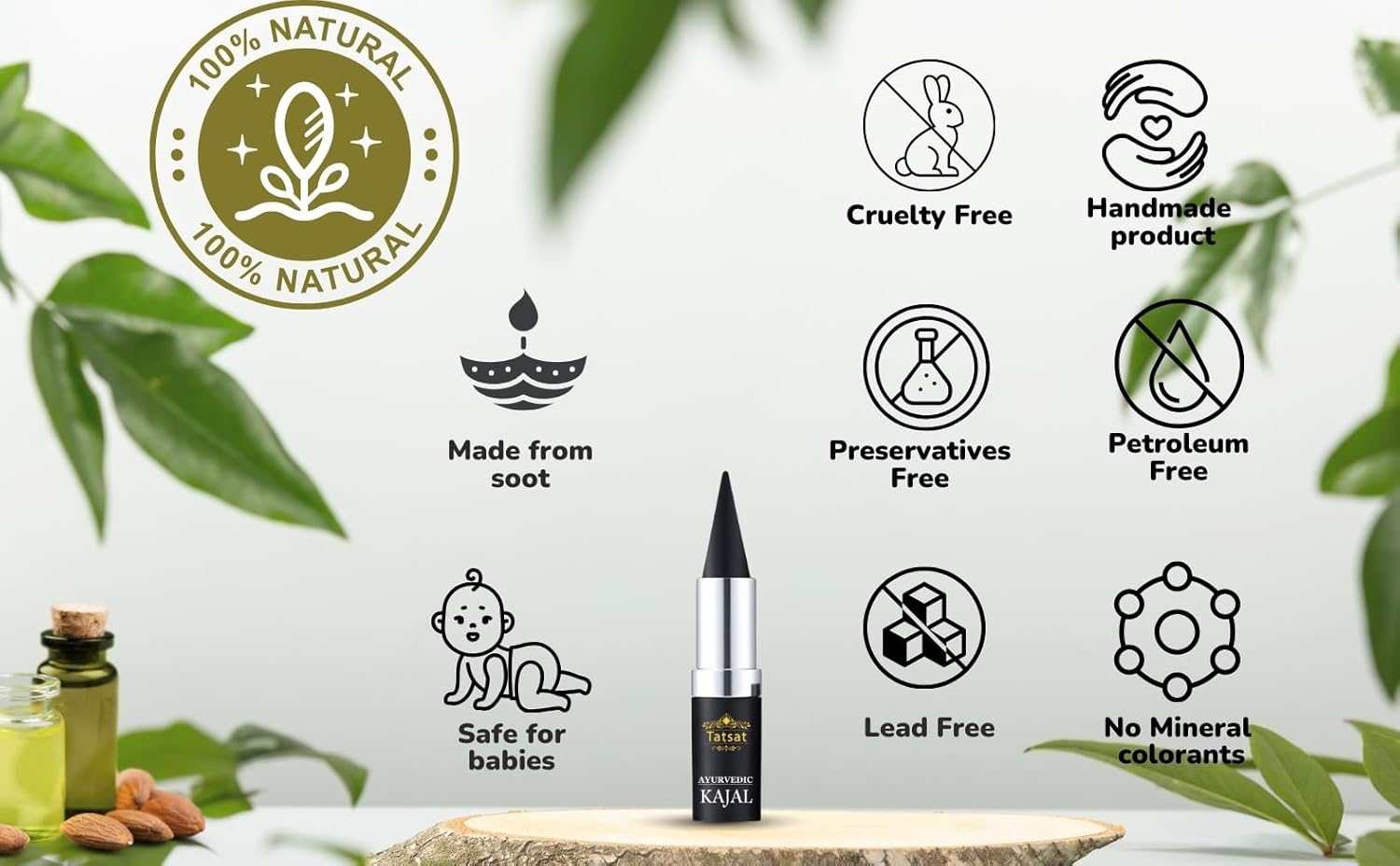 TATSAT – WELLNESS THROUGH AYURVEDA ATSAT-100% natural ayurvédico sin plomo delineador de ojos kajal  Sin conservantes  Sin productos químicos  Sin