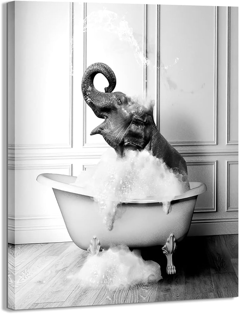 Decoración de baño de elefante, divertidas imágenes artísticas de pared de elefante para baño, lienzo blanco y negro, imágenes de baño, arte de baño