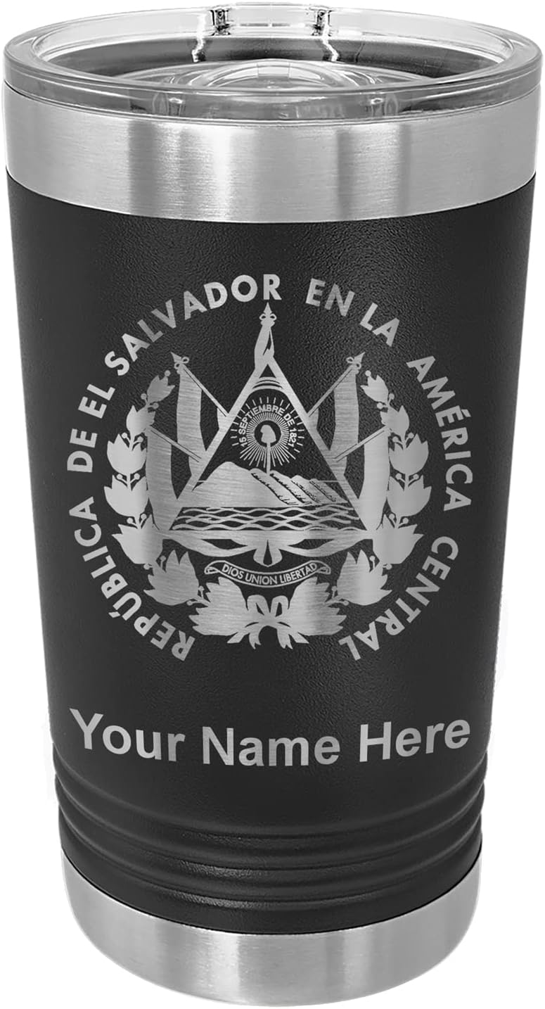 LaserGram 16oz Vacuum Insulated Pint Tumbler, Flag of El Salvador, Personalized Engraving Included (Black)