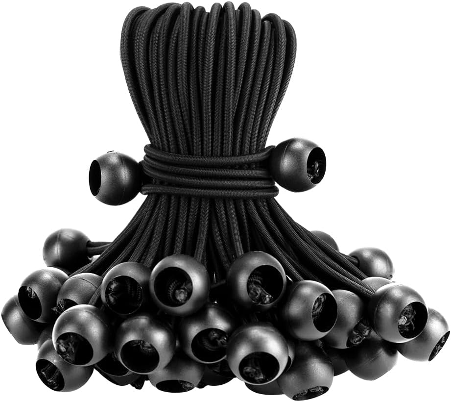 50 cuerdas elásticas negras con bolas, cuerdas elásticas reutilizables de 6 pulgadas resistentes al aire libre, lona elástica con bolas para lonas,