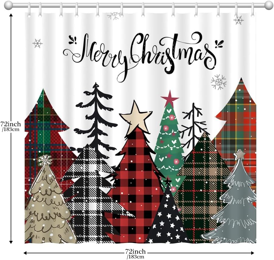 Lofaris Cortina de ducha de árbol de Navidad, diseño de búfalo rojo, a cuadros, pino, copo de nieve, tela impermeable, vacaciones, invierno, Año