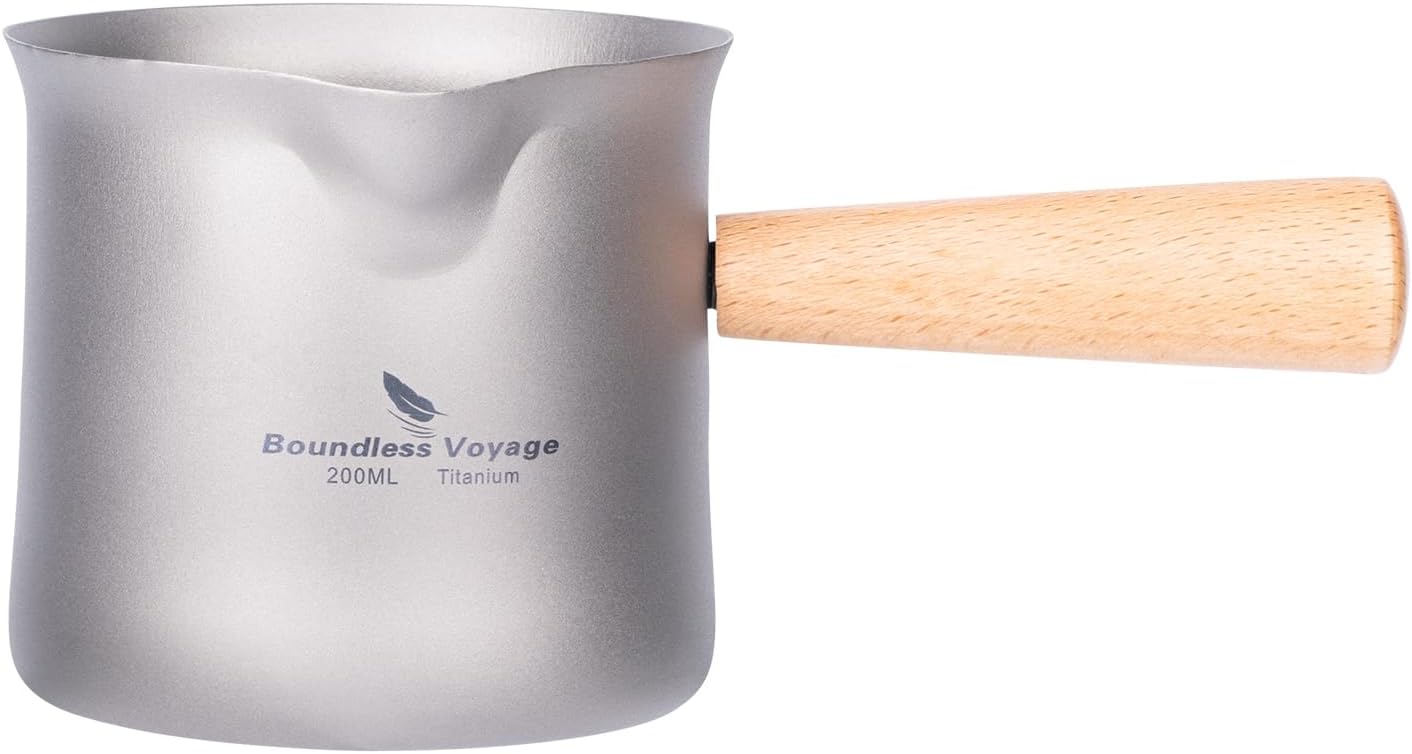 iBasingo Juego de té de titanio de 6.8 fl oz de una sola capa con mango de madera al aire libre portátil ligero para acampar senderismo café