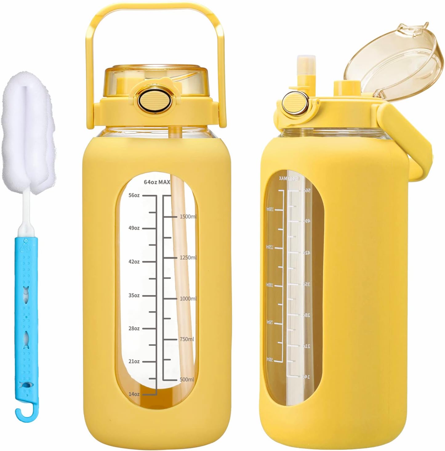 chunmo Pernos de agua de vidrio de 64 onzas con pajilla, botella de agua motivacional grande de medio galón con marcador de tiempo, botellas de agua