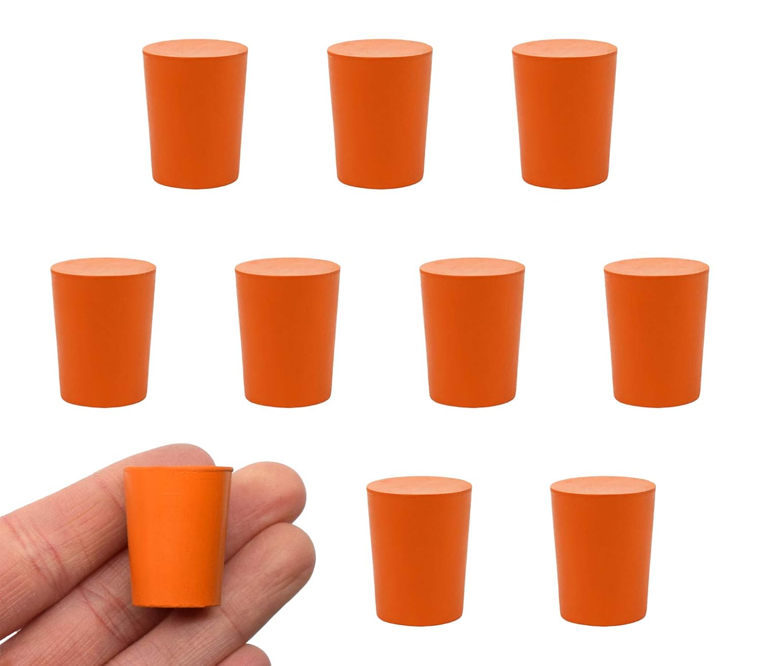 Paquete de 10 tapones de goma maciza  Tamaño 0.669 in inferior, 0.787 in superior, 1.024 in de longitud  Naranja  Calidad superior, goma sólida