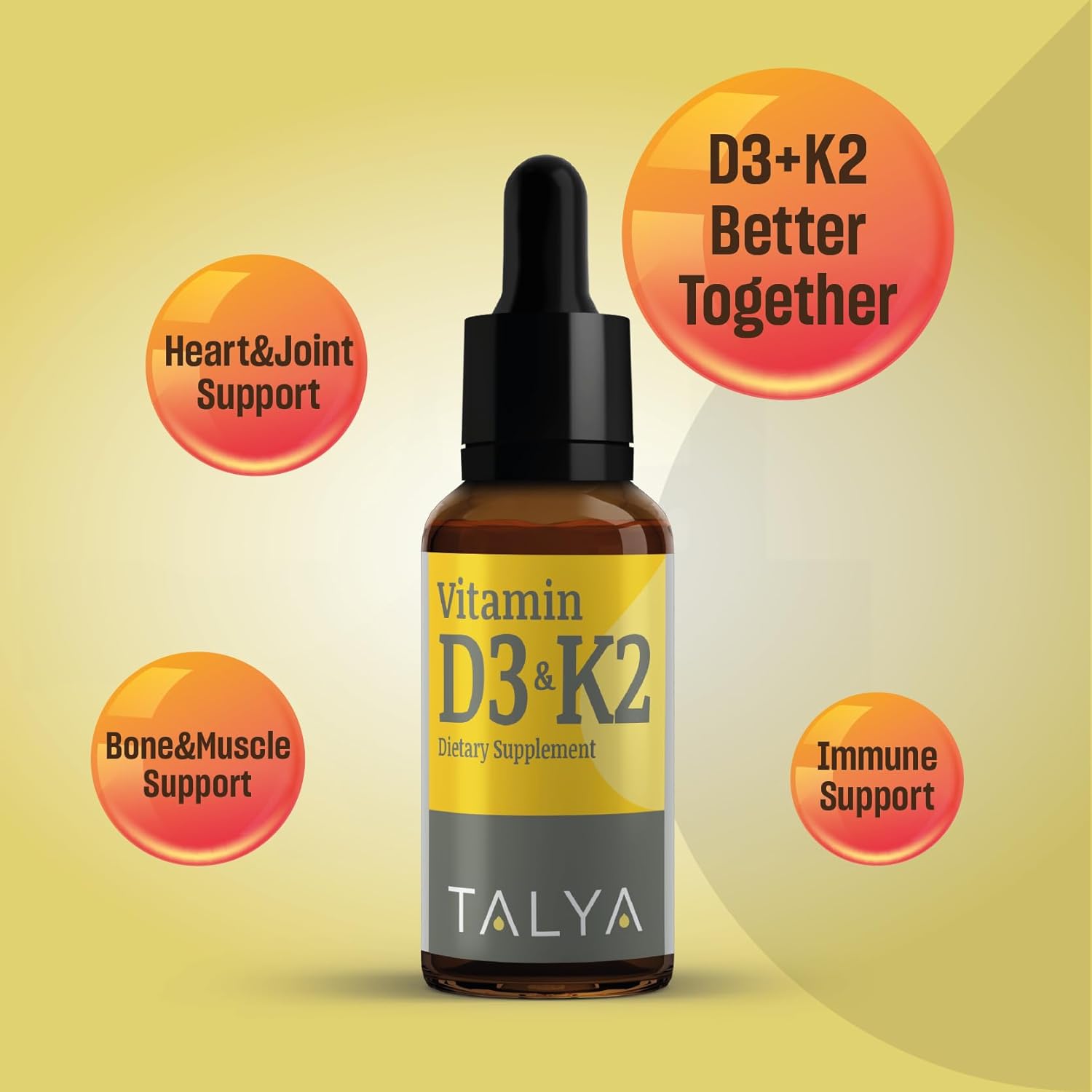 TALYA Suplemento dietético de vitamina D3 y K2 0.34 fl. oz  Apoya la salud inmunológica, ósea, dientes y musculares  Apoya la salud de la función