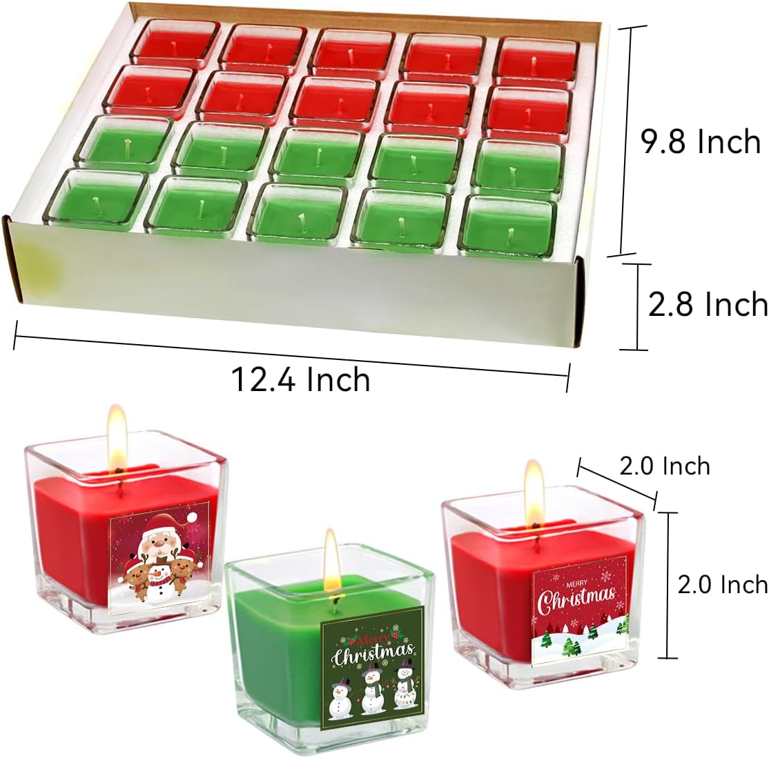 10 velas votivas rojas y 10 verdes en tarro de vidrio cuadrado transparente, velas perfumadas de cedro, manzana y canela, 10 horas de tiempo de