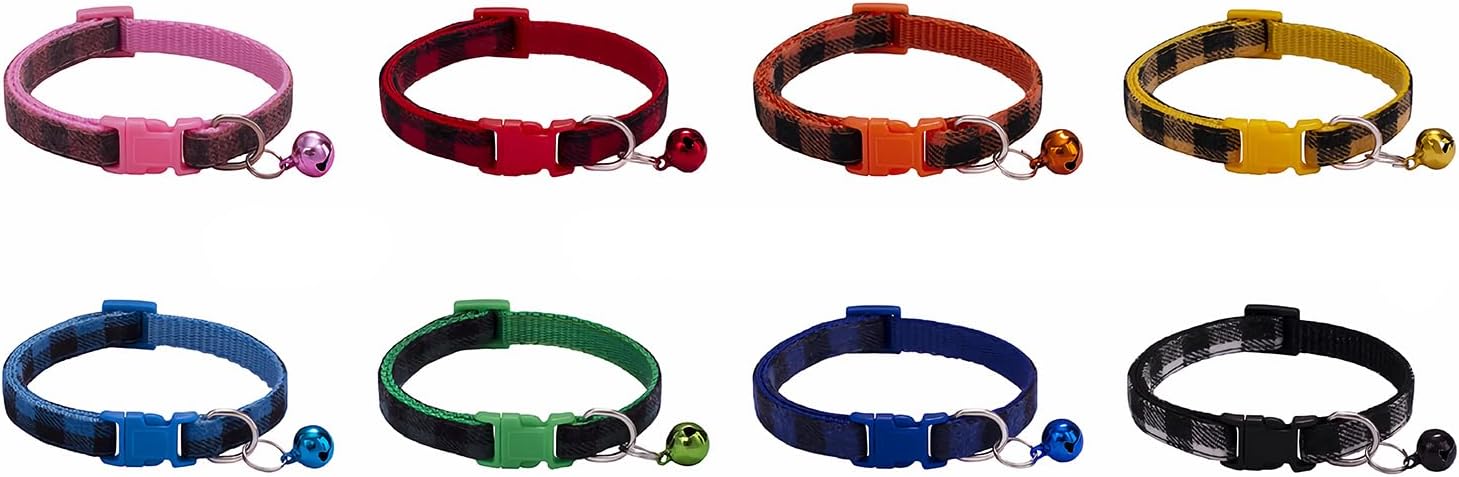Paquete de 8 collares clásicos a cuadros para cachorros con campanas, collares de identificación de gato ajustables de 7.5 a 12.6 pulgadas, bonitos