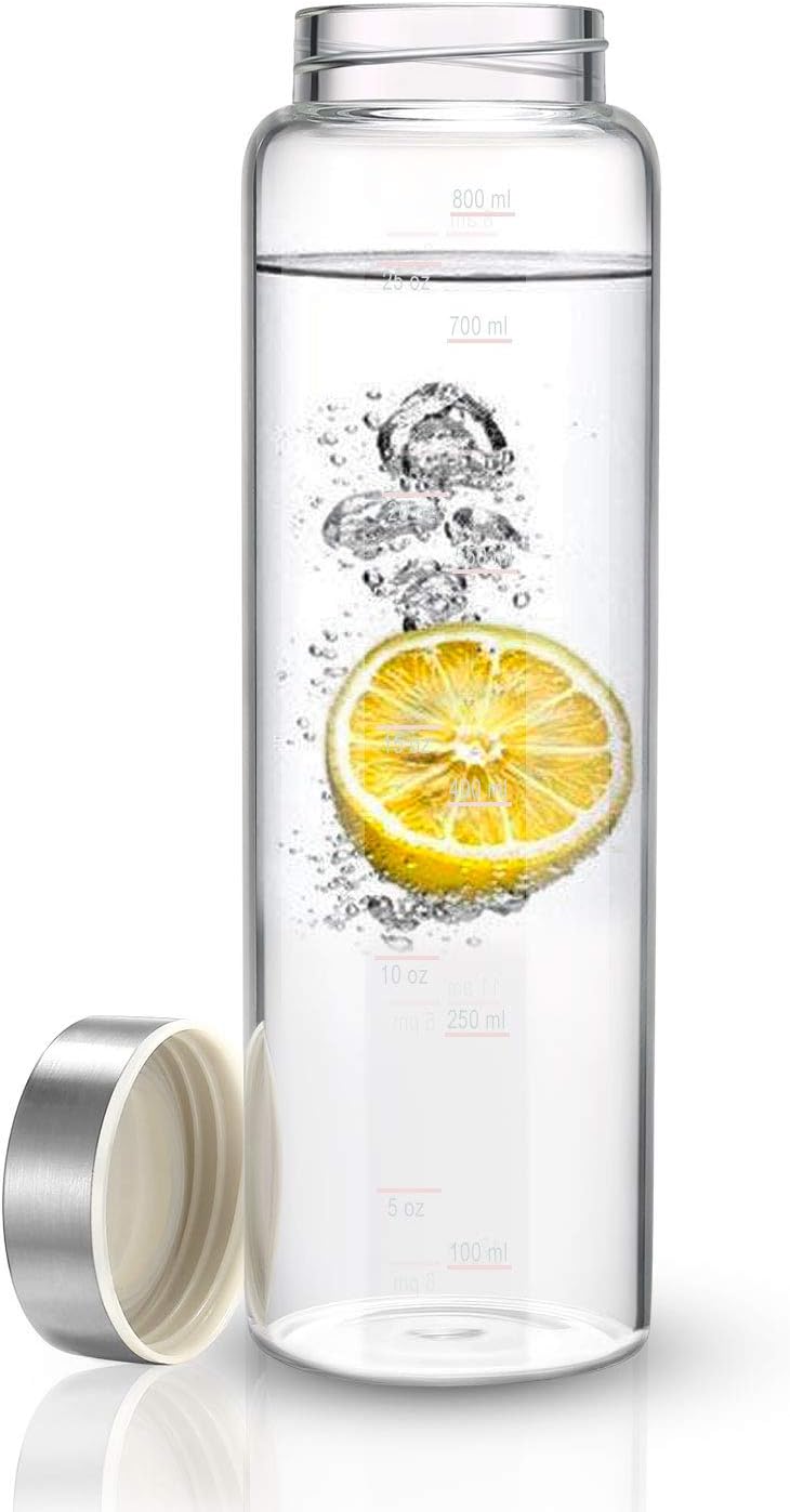 Botella de agua de cristal de 32 onzas, funda protectora de botella de nailon, tapa de acero inoxidable y medidas marcadas de 1 litro, reutilizable,