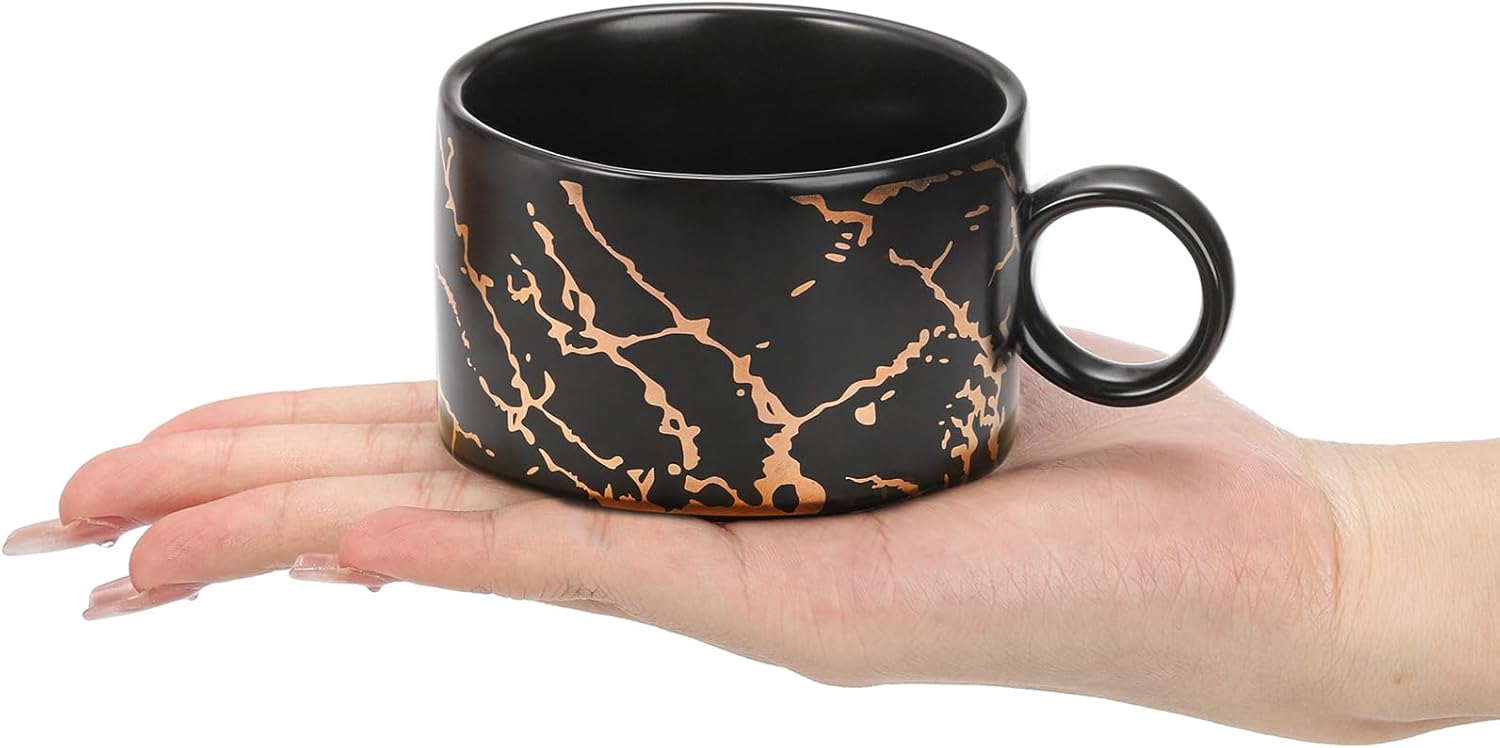Peohud Juego de 4 tazas de café expreso con soporte de metal, 6 onzas apilables de capuchino con platillos, tazas de café demitasse de porcelana
