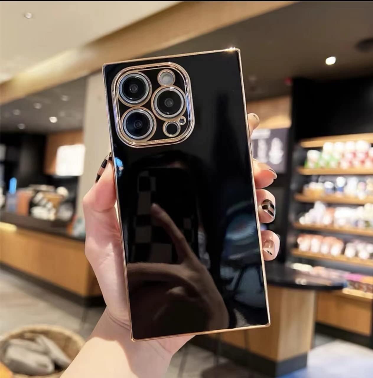 DAHAOGUO Funda cuadrada para iPhone 15 Pro, borde dorado, negro, TPU suave, anticaídas, antiarañazos, absorción de golpes, funda protectora