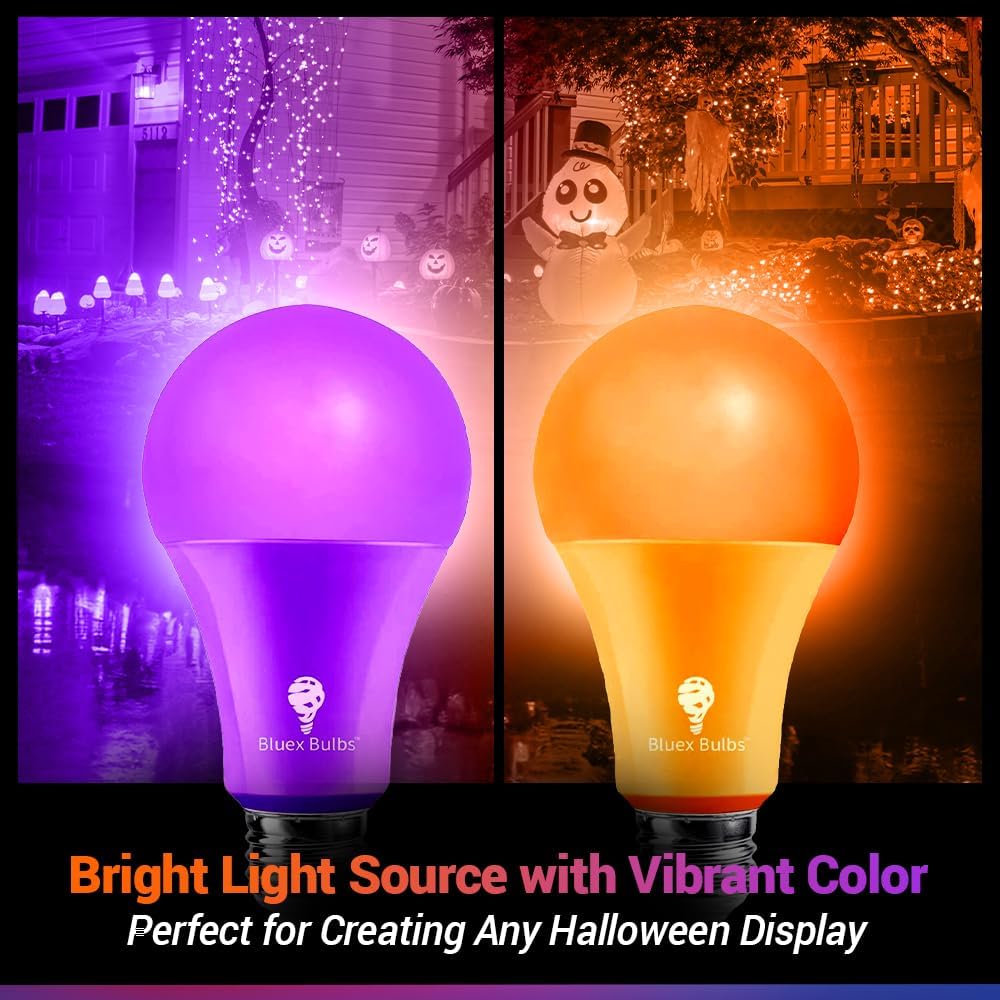 BlueX – Paquete de 4 bombillas LED A21 moradas y naranjas, 15 W (equivalente a 120 vatios), base E26, decoración de fiesta, porche, iluminación del