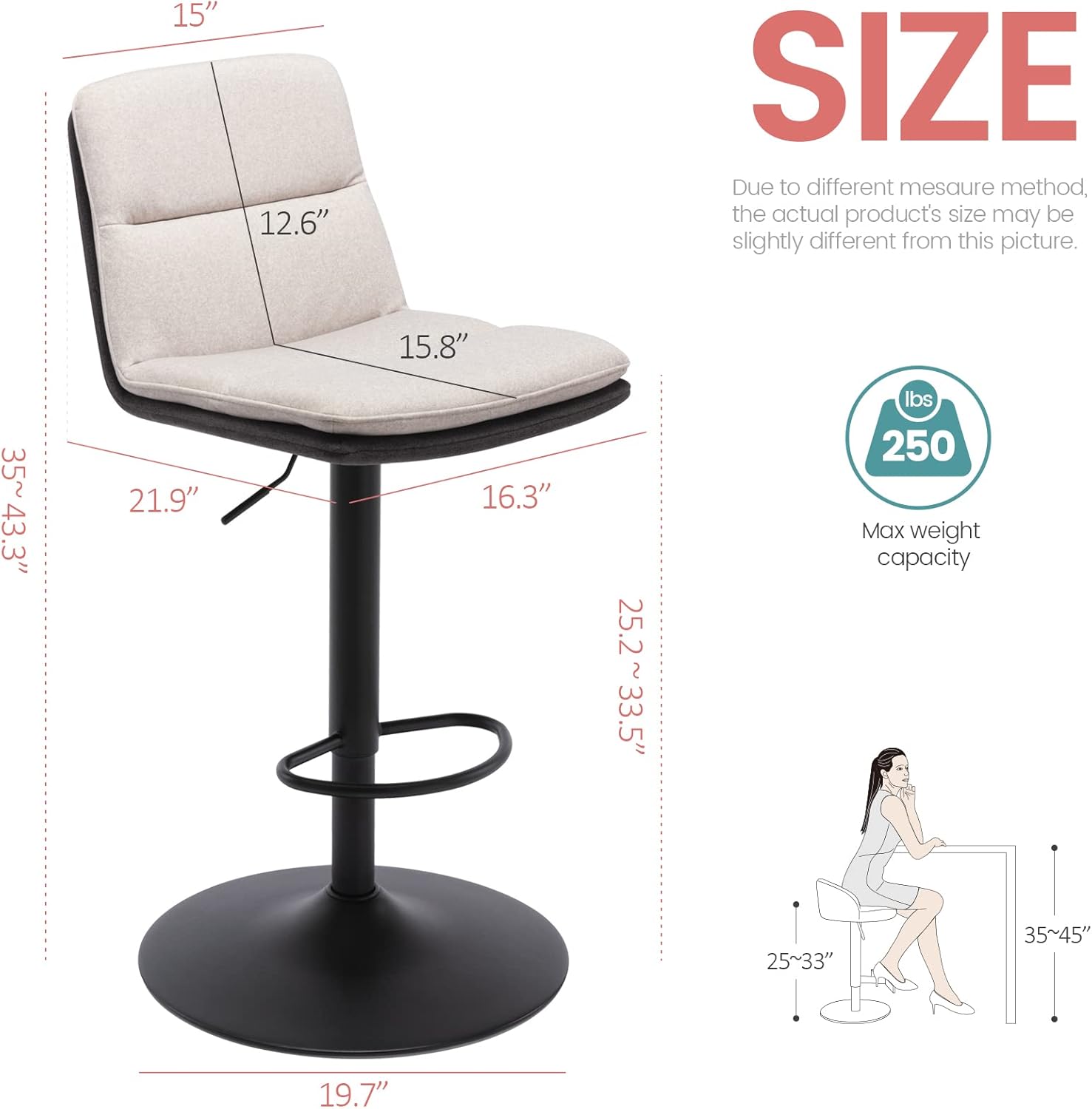 Brage Living Taburete de bar ajustable de tela, taburete giratorio de altura de mostrador con respaldo, silla de bar de cocina sin brazos para