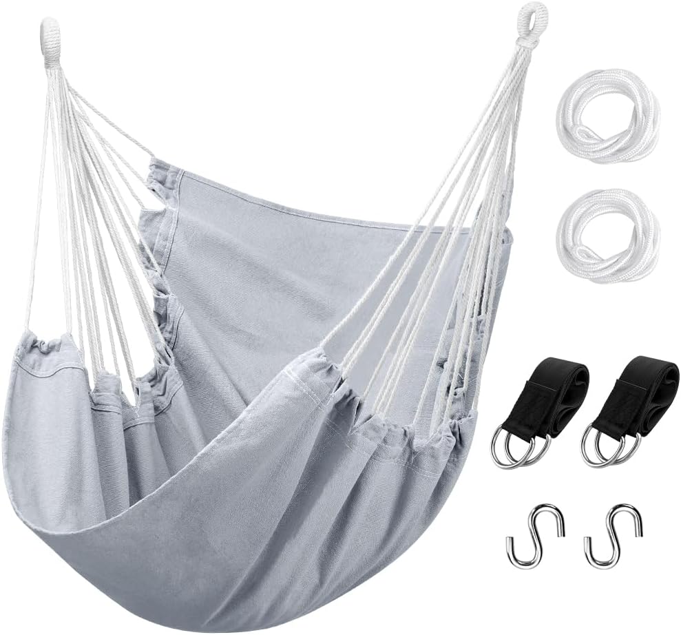Silla hamaca colgante con cuerda, máximo 300 libras silla colgante con bolsillo, tejido de algodón de calidad para mayor comodidad y durabilidad,