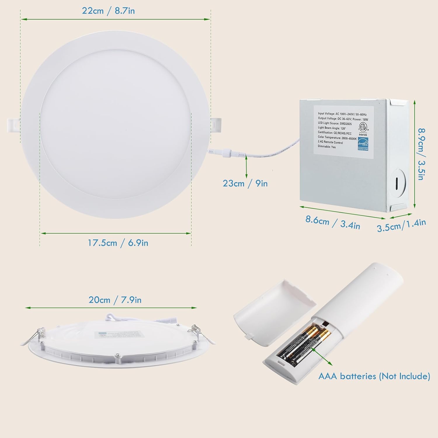 Esbaybulbs Lámpara de techo empotrable LED ultrafina de 8 pulgadas con caja de conexiones, luces de techo LED ultrafinas de 20 W, montaje empotrado,