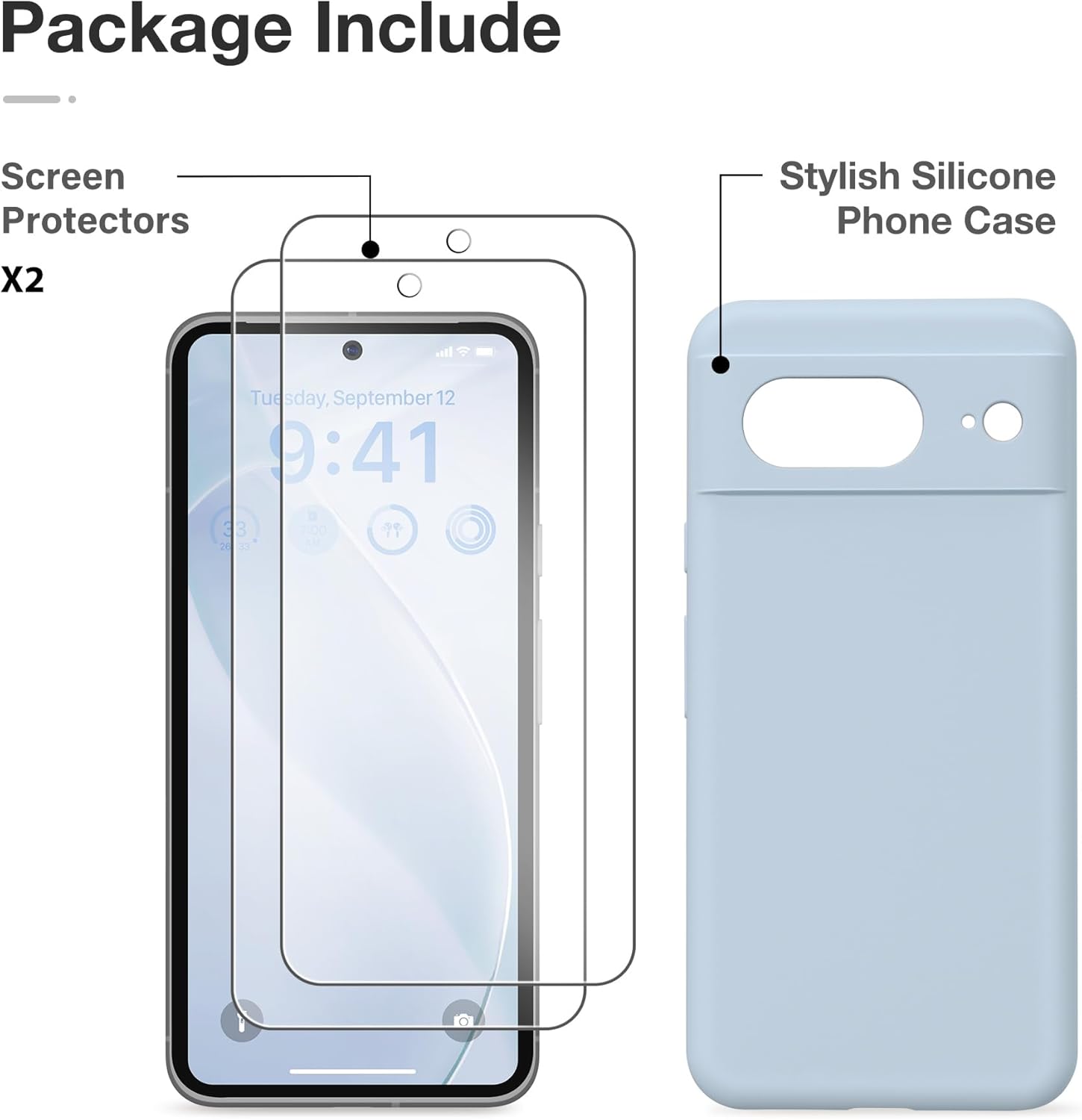 GONEZ Compatible con Google Pixel 8, funda de silicona líquida con 2 protectores de pantalla, funda protectora de cuerpo completo, a prueba de