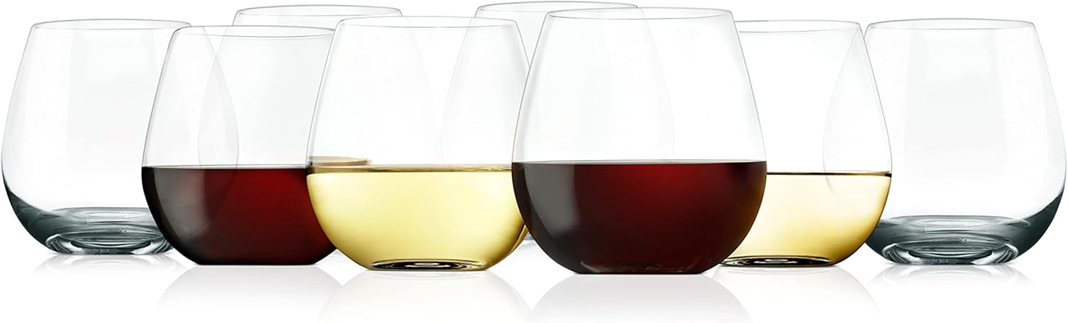 NutriChef Copas de vino sin tallo de 15 onzas  Juego de 8 vasos de cristal transparente para vino rojo y blanco, ultrafino, elegante, sin plomo,